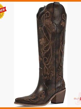 Knee High Cowboy Boots with Floral Embroidery, Chunky Heel, Pull On Western